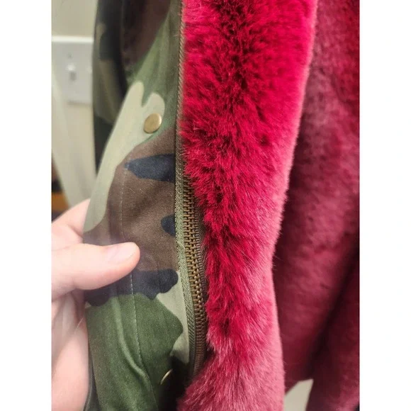 Charlotte b Camo Parka Jacket Red Faux Fur Lined Hooded Military Coat Womens - Picture 5 of 6